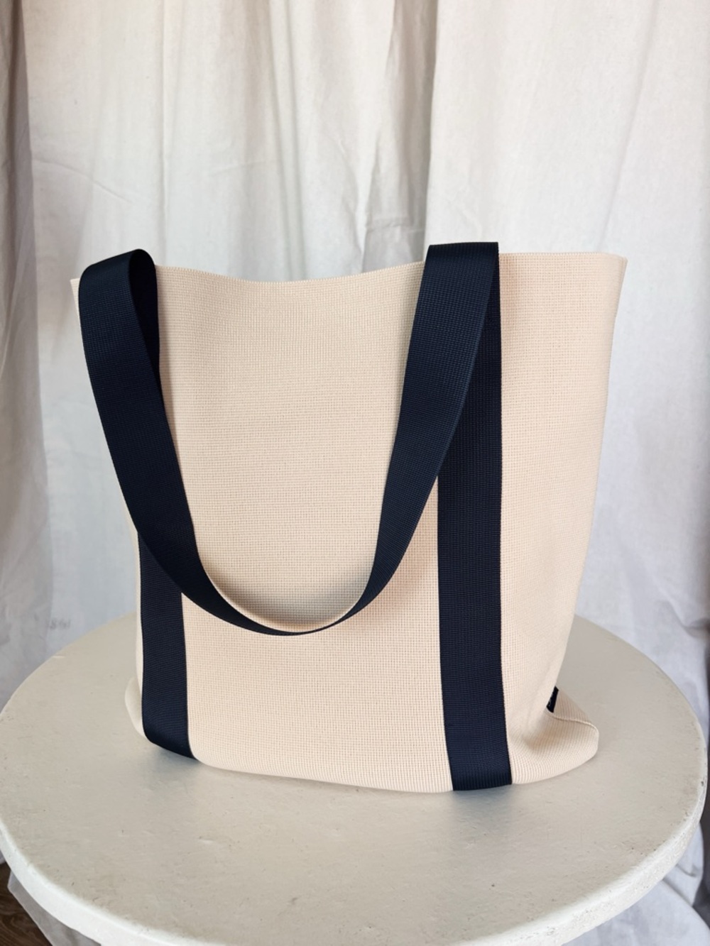 Minimal Cream Tote Bag with Navy Straps - Women